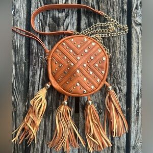 Kiss Me Couture Round Brown Studded Crossbody Purse w/ Tassels & Chain Strap C3